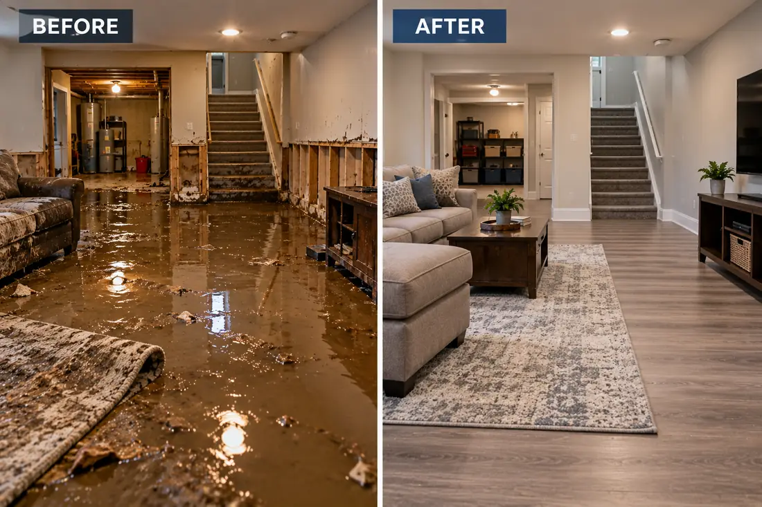Flooded basement living area before and after water damage restoration