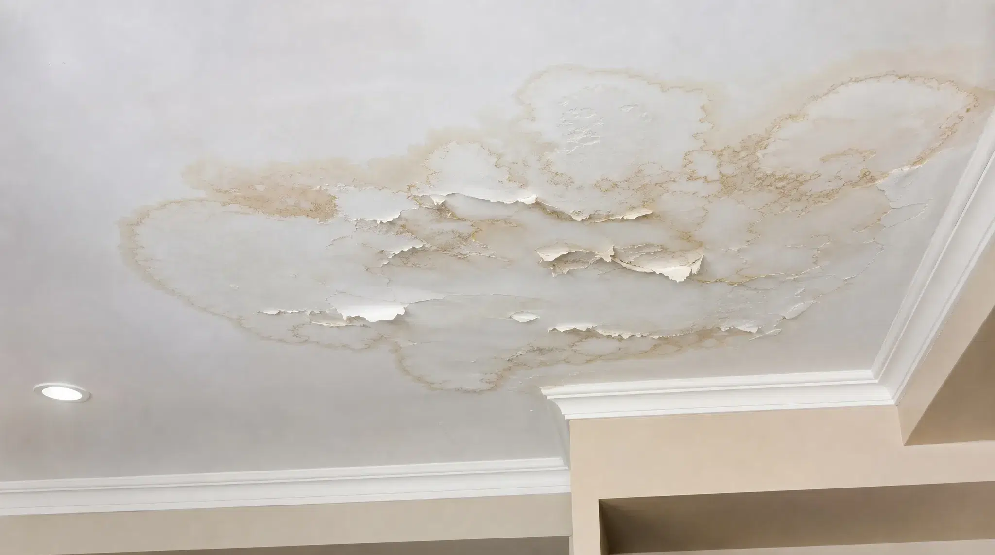 Water-stained drywall ceiling with peeling paint