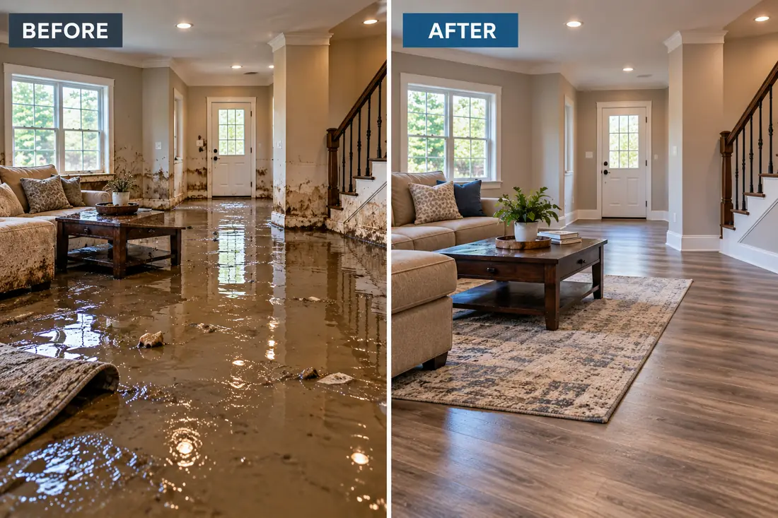 Flooded living room before and after water damage restoration